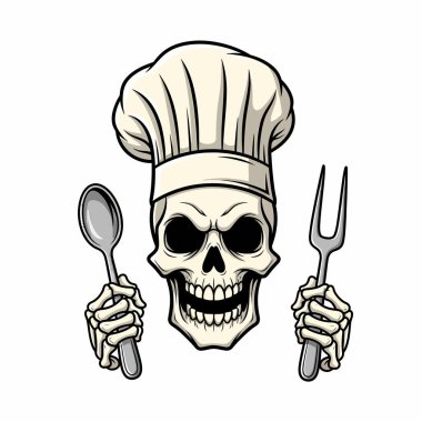 Şef şapkası takan bir kafatası, kaşıkla çatal tutan eşsiz bir mutfak konseptini simgeliyor..