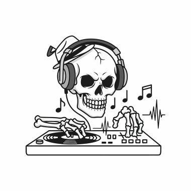 Kulaklıklı bir iskelet DJ, müzik sesiyle ve notalarla çevrili bir pikapta müziği karıştırıyor. Ürkütücü ama canlı bir atmosfer yaratıyor..