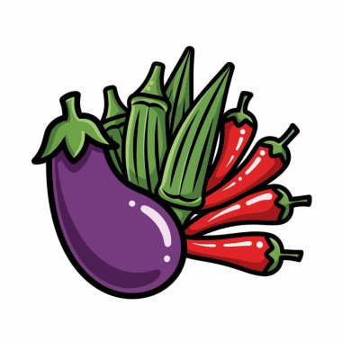 Patlıcan, bamya ve kırmızı biber içeren renkli bir karikatür çizimi çeşitli taze sebzeler sergiliyor..
