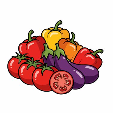Olgun domatesler, dolmalık biberler ve patlıcanlar da dahil olmak üzere çeşitli taze sebzelerin görsel olarak çekici bir kompozisyonda sergilendiği neşeli bir çizgi film çizimi..