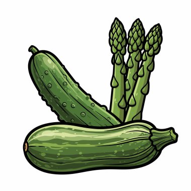 Yeşil sebzelerin tazeliğini ve doğal güzelliğini sergileyen bir salatalık, kabak ve kuşkonmaz içeren canlı bir hayat..