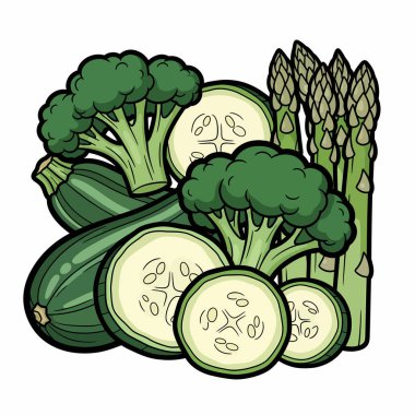 İçinde brokoli çiçekleri, dilimlenmiş kabak ve sağlıklı beslenme kavramları için mükemmel kuşkonmaz mızrakları bulunan canlı yeşil sebzeler..