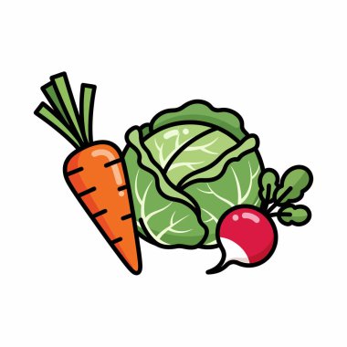 Havuç, lahana ve turptan oluşan renkli bir resim, yiyecekle ilgili tasarımlar ve eğitim materyalleri için mükemmel..