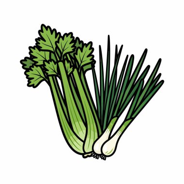 Canlı bir illüstrasyonda taze kereviz sapları ve yeşil soğanların yanı sıra mutfak ve sağlıklı beslenme temaları sunuluyor..