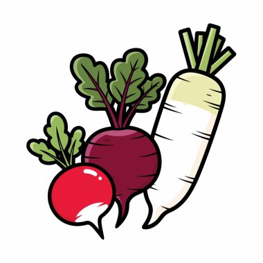 Canlı bir illüstrasyon turp, pancar ve daikon sergiliyor, farklı renkleri ve şekilleri vurguluyor, aşçılık ve tarımsal temalar için mükemmel.