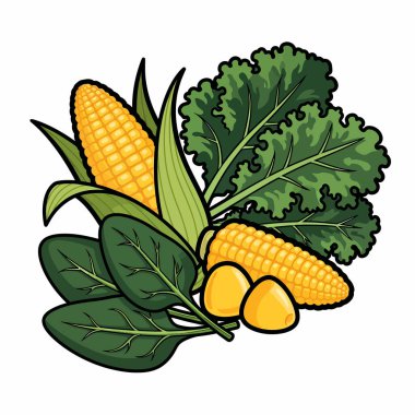 Koçanda mısır, yapraklı lahana ve ıspanak yaprakları içeren canlı bir sebze düzeni..