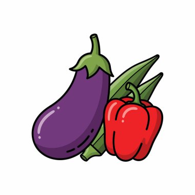 Renkli karikatür tarzı bir illüstrasyon. Dolgun mor bir patlıcan, parlak kırmızı bir dolma biber ve yeşil bamya kabukları taze ve çekici bir hayat yaratıyor..
