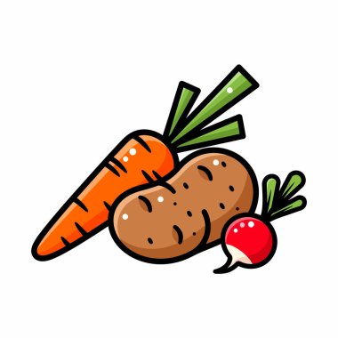Havuç, patates ve turptan oluşan canlı bir karikatür çizimi, yiyecekle ilgili tasarımlar için mükemmel..