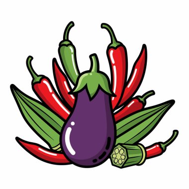 Taze sebzelerden oluşan renkli bir düzenleme, dolgun bir patlıcan, bamya ve ateşli kırmızı biberler, görsel olarak çekici ve sağlıklı bir kompozisyon yaratıyor..