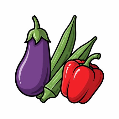 Patlıcan, bamya ve kırmızı dolmalık biberin yer aldığı renkli bir karikatür çizimi taze ve sağlıklı sebzeler sergiliyor..