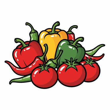 Kırmızı domatesler, sarı ve yeşil dolma biberler ve canlı ve çekici bir kompozisyonda dizilmiş baharatlı yeşil ve kırmızı biberlerden oluşan renkli bir sebze çeşidi..