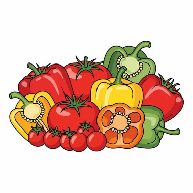 Değişik tonlarda kırmızı, sarı ve yeşil tonlarda olgun domates ve dolma biber koleksiyonu sağlıklı yemek ve yemek pişirme ilhamı için mükemmel..