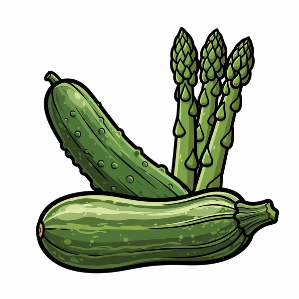 Yeşil sebzelerin tazeliğini ve doğal güzelliğini sergileyen bir salatalık, kabak ve kuşkonmaz içeren canlı bir hayat..