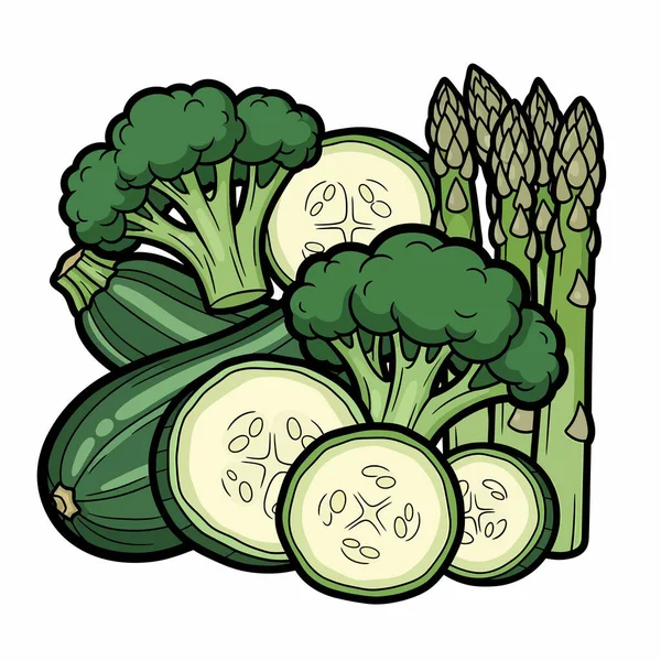 İçinde brokoli çiçekleri, dilimlenmiş kabak ve sağlıklı beslenme kavramları için mükemmel kuşkonmaz mızrakları bulunan canlı yeşil sebzeler..