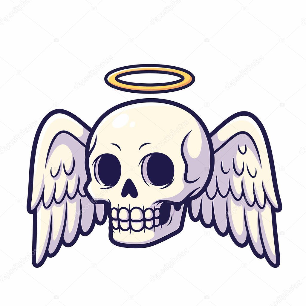 A cartoon-style skull with angel wings and a halo, blending themes of death, spirituality, and innocence in a whimsical design.