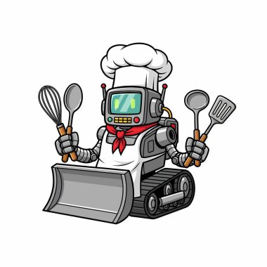 Aşçı şapkası ve atkısı takan bir robot şefin elinde yemek pişirme aletleri ve tabanında bir buldozer bıçağı var..