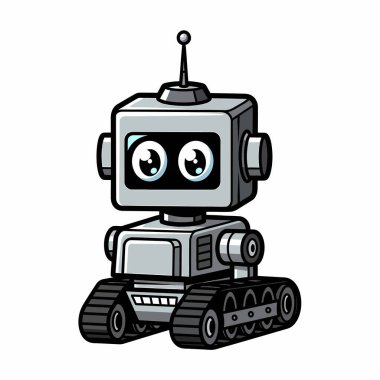 Kare başlı, geniş gözlü ve hareket için tank ayaklı gri bir robotun karikatür çizimi.