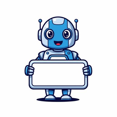Mutlu bir ifadeye sahip dost canlısı mavi bir robot, özel bir mesaj veya bilgi gösterimi için boş bir işaret tutar..