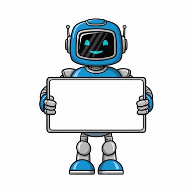 Mavi gövdeli ve ekran yüzlü neşeli bir çizgi film robotu boş beyaz bir tabela tutuyor, özelleştirmeye hazır..