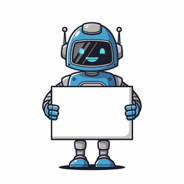 Mavi gövdeli ve kasklı şirin bir robot beyaz bir tabela tutuyor. Kendi mesajınızı veya tasarımınızı eklemek için mükemmel..