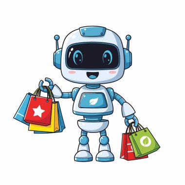 Arkadaş canlısı yüzlü bir çizgi film robotu alışveriş, teknoloji ve tüketim temalarını eğlenceli bir şekilde öne sürüyor..