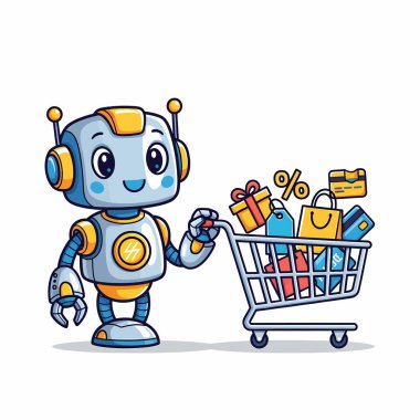 Şirin bir robot karakter hediye, alışveriş poşeti, kredi kartı ve indirimli bir sembolle dolu bir alışveriş arabasını itiyor. Bu da online alışveriş veya perakende otomasyonu öneriyor..