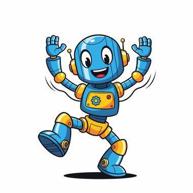 Sarı aksanlı çizgi film tarzı mavi bir robot kolları havada dans ediyor, neşeli ve kutlama havasında..