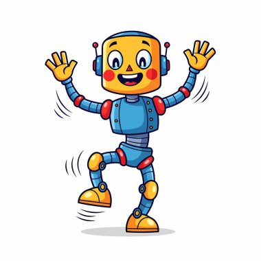 Sarı kafalı ve mavi vücutlu neşeli bir robot kollarını kaldırıp neşeli ve enerjik bir ifade sergiliyor..