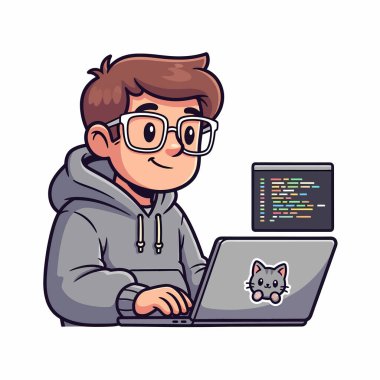Gözlüklü ve kapüşonlu genç bir programcının çizgi film çizimi, dizüstü bilgisayarda şirin bir kedi etiketi ile kodlamaya odaklanmış..