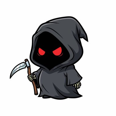 Gaddar Azrail 'in karikatür tasviri. Parlak kırmızı gözlü ve tırpanlı kapüşonlu bir figür. Sevimli ve stilize bir şekilde yapılmış..