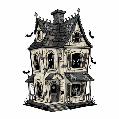 Etrafta uçan yarasalar ve pencereden bakan ürkütücü figürlerle dolu ürkütücü hayaletli bir evin detaylı çizimi..
