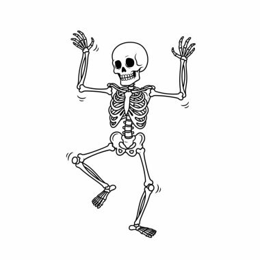 Dans eden bir iskeletin tuhaf bir çizimi, Cadılar Bayramı ya da ürkütücü temalı projeler için mükemmel. Neşeli bir poz ve temiz bir çizgi çalışması.