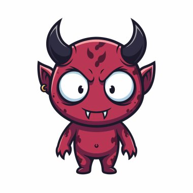 Kırmızı derili, boynuzlu, piercingli, beyaz bir arka planda izole edilmiş sevimli bir şeytan karakteri..