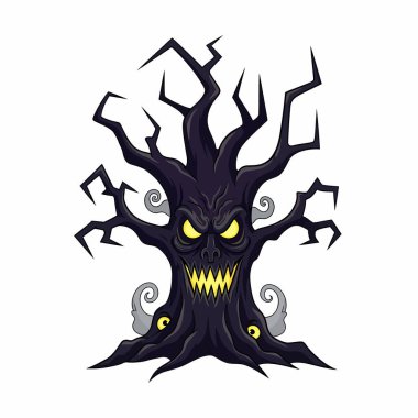 Parlayan sarı gözleri ve keskin dişleri olan, ürkütücü ve tüyler ürpertici bir titreşim yayan koyu, buruşuk bir çizgi film ağacı..