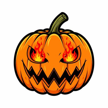 Çizgi film tarzı bir Cadılar Bayramı balkabağı. Uğursuz bir sırıtış ve göz yuvalarından fışkıran alevler ürkütücü ve yoğun bir görüntü yaratıyor..