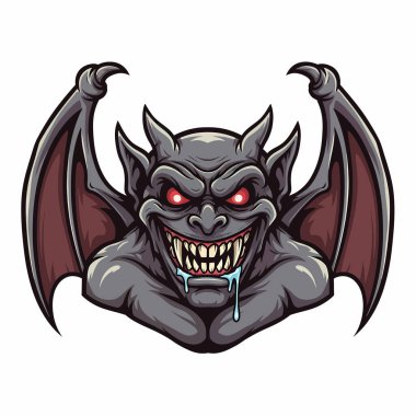 Beyaz arka planda kırmızı gözlü, keskin dişli ve kanatlı tehditkar bir yaratığın detaylı bir çizimi..