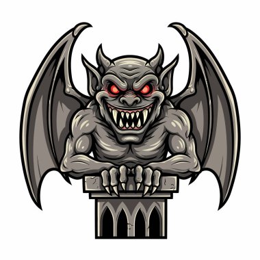 Boynuzları, kanatları ve keskin dişleri olan, parlak kırmızı gözleri olan, taş bir sütuna tünemiş gri bir canavarın ayrıntılı bir çizimi..