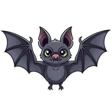 Geniş gözlü bir yarasa çizgi film karakteri, açık kanatlı ve beyaz bir arka planda izole edilmiş sevimli, dostane bir yüz ifadesi..