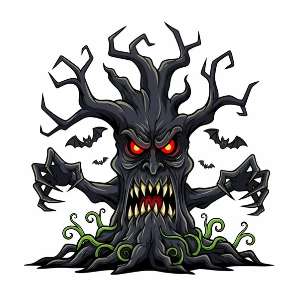 Keskin dişleri olan korkunç bir ağaç canavarı, parlayan kırmızı gözleri ve etrafında uçan yarasalar, Cadılar Bayramı için mükemmel..