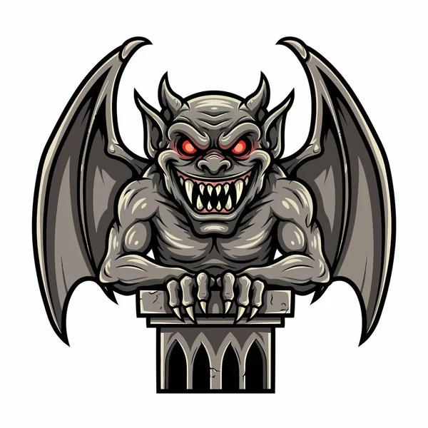 Boynuzları, kanatları ve keskin dişleri olan, parlak kırmızı gözleri olan, taş bir sütuna tünemiş gri bir canavarın ayrıntılı bir çizimi..