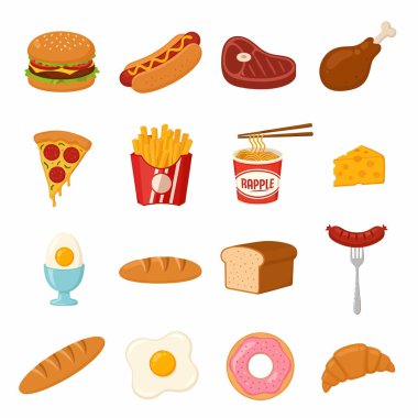 Hamburger, sosisli sandviç, biftek, tavuk, pizza, patates kızartması, erişte, peynir, yumurta, ekmek, sosis, çörek ve kruvasan gibi çeşitli popüler öğelerin yer aldığı canlı yemek ikonlarının bir koleksiyonu..