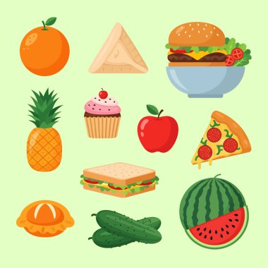 Portakal, ananas, karpuz ve elma gibi meyvelerin yanı sıra atıştırmalıklar ve hamburger, pizza ve sandviç gibi yemeklerden oluşan canlı bir besin koleksiyonu..