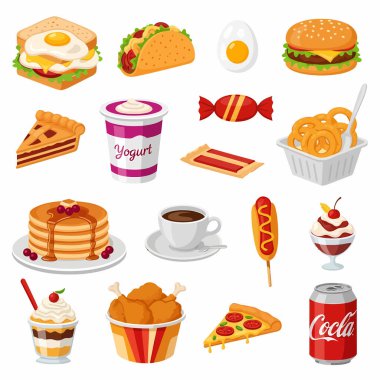 Hamburger, taco, pizza dilimi, kızarmış tavuk ve abur cubur kavramlarını resmetmek için ideal şekerli tatlılar da dahil olmak üzere çeşitli sağlıksız gıda maddelerinin renkli bir koleksiyonu..