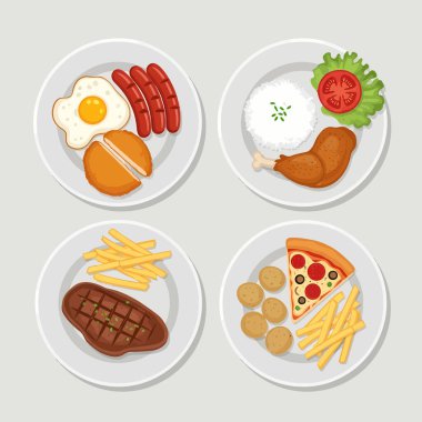 Kahvaltıda yumurta ve sosis, tavukta pilav, biftekte patates kızartması ve pizzada kızartma ve nugget da dahil olmak üzere çeşitli yemeklerden oluşan dört tabaktan oluşan bir koleksiyon..