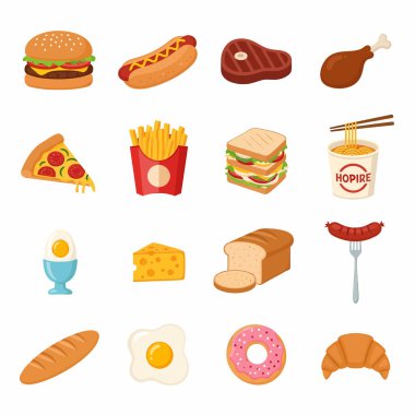 Hamburgerler, sosisliler, pizzalar ve yumurtalar dahil olmak üzere çizgi film tarzı fast food ve kahvaltı malzemelerinin renkli bir koleksiyonu..