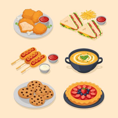 Tavuk nugget, sandviç, mısırlı sosis, çorba, kurabiye ve meyveli tart gibi çeşitli yiyecekleri içeren renkli bir izometrik illüstrasyon..
