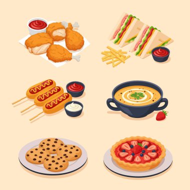 Kızarmış tavuk, kızarmış sosisli sandviç, kremalı çorba, kurabiye ve çilekli turta içeren canlı bir yemek koleksiyonu. Mutfak temalı tasarımlar için mükemmel..