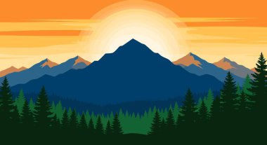 Siluetli dağların, sık bir ormanın ve canlı bir günbatımı gökyüzünün bulunduğu, huzurlu ve manzaralı bir manzara yaratan stilize bir manzara..