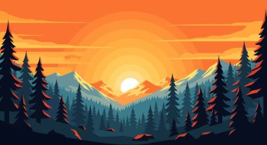 Hiç bitmeyen yeşil ağaçlar, dağlar ve turuncu ve sarı renklerle parlak bir günbatımı barındıran bir manzara, dingin ve manzaralı bir manzara yaratır..