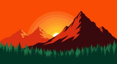 Tırtıklı dağ tepeleri ve turuncu, kırmızı ve yeşil tonlarda sık yeşil bir ormanın üzerindeki gün batımının vektör çizimi.